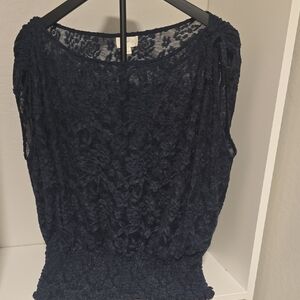 Deletta Elegant Navy Sheer Lace Women's Top